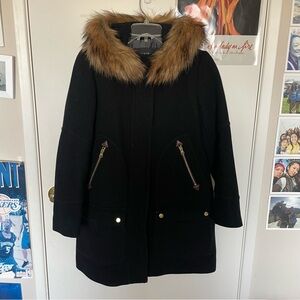 J. Crew Black Wool Coat with Faux Fur Trim